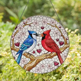 Blue Jay Cardinal Cherry Blossom Hearts Branch - Love Birds Home Decor Gift Stained Glass Suncatcher