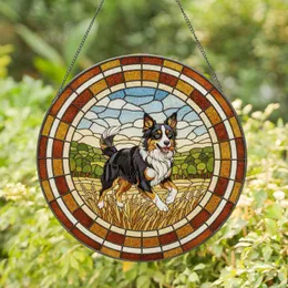 Australian Shepherd Dog Leaping Field View with Circles - Home Decor Gift for Dog Lover Stained Glass Suncatcher