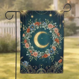 Golden Crescent Moon Celestial Botanical Wreath - Mystic Boho Home Decor Garden Flag