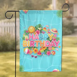 Happy Birthday Balloon Letters Pool Party Tropical Flamingos - Summer Celebration Decor Garden Flag