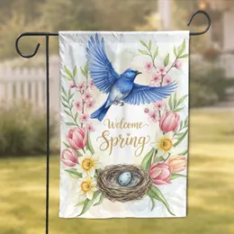 Bluebird Welcome Spring Bird Nest Tulips - Spring Home Decor Gift for Garden Lover Garden Flag