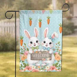 Cartoon Bunnies Welcome Sign Floral Carrots Pennant Banner - Spring Home Decor Gift Garden Flag