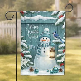 Snowman Warm Winter Wishes Blue Jay Evergreen Red Berries Lantern - Christmas Home Decor Gift Garden Flag