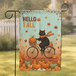Black Cat Riding Bicycle Jack-o'-Lantern Hello Fall - Halloween Decor Gift for Cat Lover Garden Flag