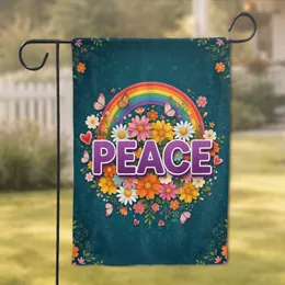 Purple Peace Word Rainbow Blooming Flowers Patterned Butterflies Hearts - Home Decor Gift Garden Flag