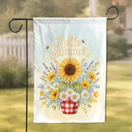 Hello Summer Sunflower Daisy Poppies Bees - Patio Decor Garden Gift Garden Flag