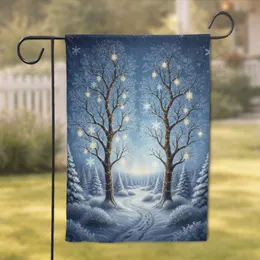 Golden Lights Snow Trees Archway Winter Path, Pine Bushes, Falling Snowflakes - Christmas Decor Gift Garden Flag