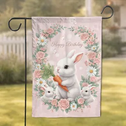 Baby Bunnies with Carrot Rose Daisy Wreath Butterflies - Happy Birthday Gift Garden Flag