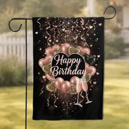 Happy Birthday Rose Gold Heart Balloons Champagne Flutes - Birthday Celebration Garden Flag
