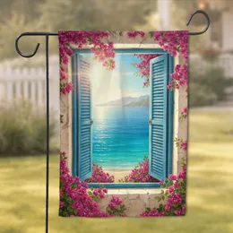 Mediterranean Seascape through Window with Bougainvillea - Home Decor Gift Garden Flag