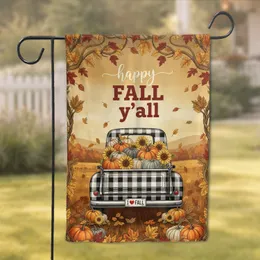 Vintage Buffalo Plaid Pickup Truck Pumpkins Sunflowers - Rustic Fall Decor Garden Flag