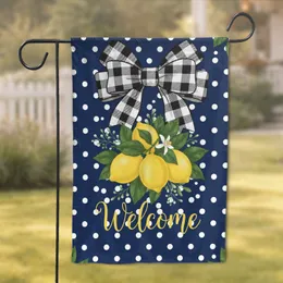 Buffalo Plaid Bow Lemons Green Leaves Welcome Navy Polka Dots - Home Decor Gift Garden Flag