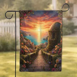 Coastal Town Ancient Stone Staircase Blooming Roses Sunset Ocean - Coastal Home Decor Garden Flag