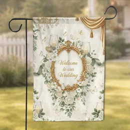 Antique Gold Framed Floral Welcome Wedding Text - Wedding Ceremony Decor for Wedding Couples Garden Flag