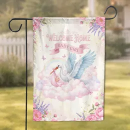 Stork Welcome Home Baby Girl Floral - New Baby Gift for New Parents Garden Flag