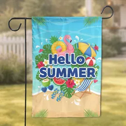 Hello Summer Beach Icons Flamingo Pineapple - Summer Vacation Home Decor Garden Flag