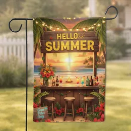 Hello Summer Beach Bar Tropical Sunset Scene - Summer Celebration Home Decor Garden Flag