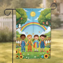 Smiling Children Picket Fence Rainbow Sun Cartoon Birds Butterflies - Kids Room Decor Gift Garden Flag
