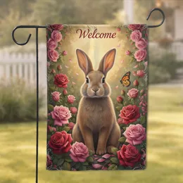 Welcome Brown Rabbit Pink Rose Butterfly Scrollwork Filigree - Home Garden Decor Gift Garden Flag