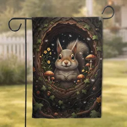 Woodland Squirrel Log Hollow with Toadstools Acorns - Wildlife Lover Gift Garden Flag