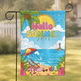 Hello SUMMER Beach Ocean Palm Tree Lighthouse Umbrella - Summer Home Decor Gift Garden Flag