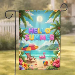 Hello Summer' Bubble Text Beach Chair Flamingo Ocean Palm - Summer Vacation Home Decor Gift Garden Flag