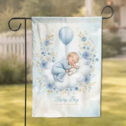 Baby Boy Teddy Bear Cloud Roses - Nursery Room Decor Gift for Baby Shower Garden Flag