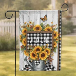 WELCOME Sign Sunflowers Monarch Butterfly Watering Can Buffalo Check - Farmhouse Decor Garden Flag