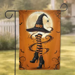 BOO Witch Hat Black Boots Striped Stockings Full Moon Spider - Halloween Party Decor Garden Flag