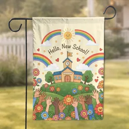 Hello New School Building Sun Children Hands - Back to School Season Gift for Students Garden Flag