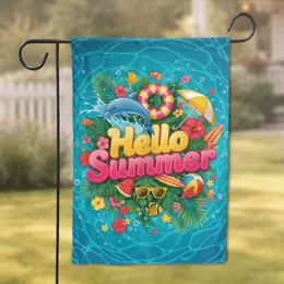 Hello Summer Dolphin Watermelon Beach Ball Tropical Palm - Summer Home Decor Gift Garden Flag