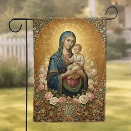 Virgin Mary Baby Jesus Golden Halo Rose Floral Monogram - Christian Home Decor Gift Garden Flag