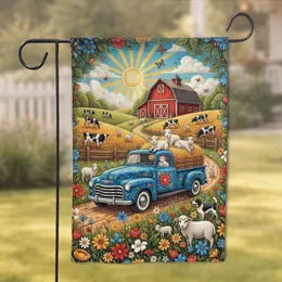 Vintage Blue Pickup Truck Red Barn Farm - Farmhouse Home Decor Gift for Country Living Garden Flag