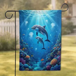 Majestic Bottlenose Dolphins Coral Reef Underwater Scene - Ocean Life Home Decor Gift Garden Flag