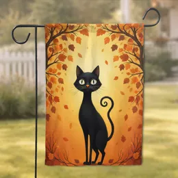 Black Cat Curly Tail Autumnal Foliage - Fall Home Decor Gift for Cat Lovers Garden Flag