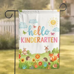 Hello Kindergarten Schoolhouse Fox Flowers - Back to School Gift for Kids Garden Flag