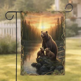 Majestic Mother Bear Two Cubs Rocky Shore Golden Sunset Forest Lake - Wildlife Lover Gift Garden Flag