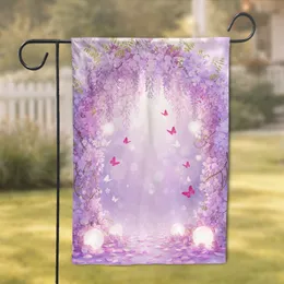 Flowing Lavender Wisteria Canopy Pink Butterfly Lanterns Scene - Home Decor Gift Garden Flag