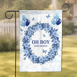 OH BOY BABY SHOWER Blue Floral Wreath - New Baby Welcome for Baby Boy Garden Flag