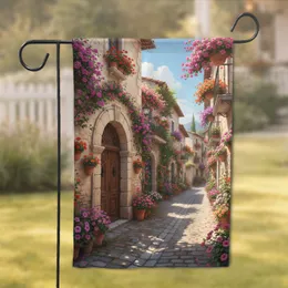 Sun-Drenched Cobblestone Street Archway Blooming Flowers - Home Decor Gift for Garden Lover Garden Flag