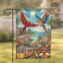 Macaws Rio de Janeiro Carnival Vista with Sugarloaf Mountain - Brazil Travel Home Decor Gift Garden Flag