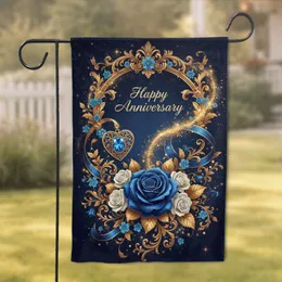 Deep Blue Rose Gold Floral Baroque Happy Anniversary Celebration Gift Garden Flag