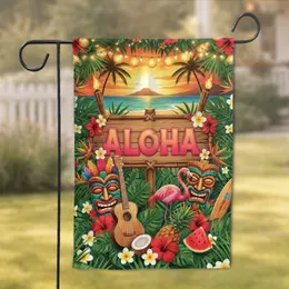 ALOHA Tiki Masks Tropical Sunset Beach - Summer Vacation Home Decor Gift Garden Flag