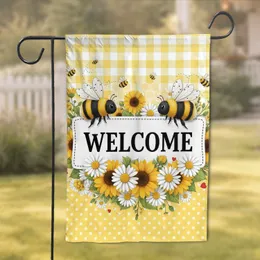 WELCOME Banner Bumblebees Sunflowers Daisies Gingham - Home Decor Gift Garden Flag