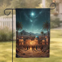 Ancient Desert Village Night Blue Dome Date Palms Starry Sky - Home Decor Gift Garden Flag