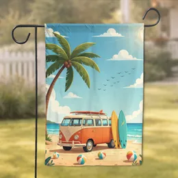 Retro Camper Van Surfboards Sandy Beach - Summer Vacation Coastal Home Decor Garden Flag