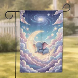 Sleeping Baby Elephant Crescent Moon Starry Night Sky - Home Decor Gift for Elephant Lovers Garden Flag