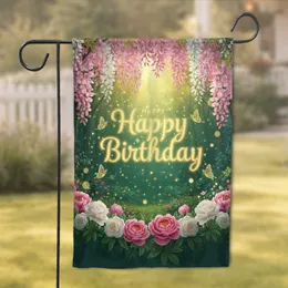 Happy Birthday Golden Butterflies Forest Floral - Birthday Celebration Gift Garden Flag