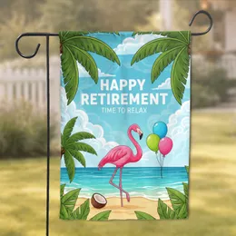 Happy Retirement Pink Flamingo Tropical Beach - Retirement Celebration Gift Garden Flag