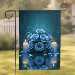 Cerulean Blue Roses Bouquet Silver Hearts White Candles - Home Decor Gift Garden Flag